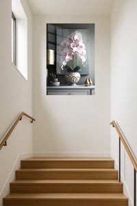 Blush Orchid Cascade metal wall art displayed in a contemporary living space