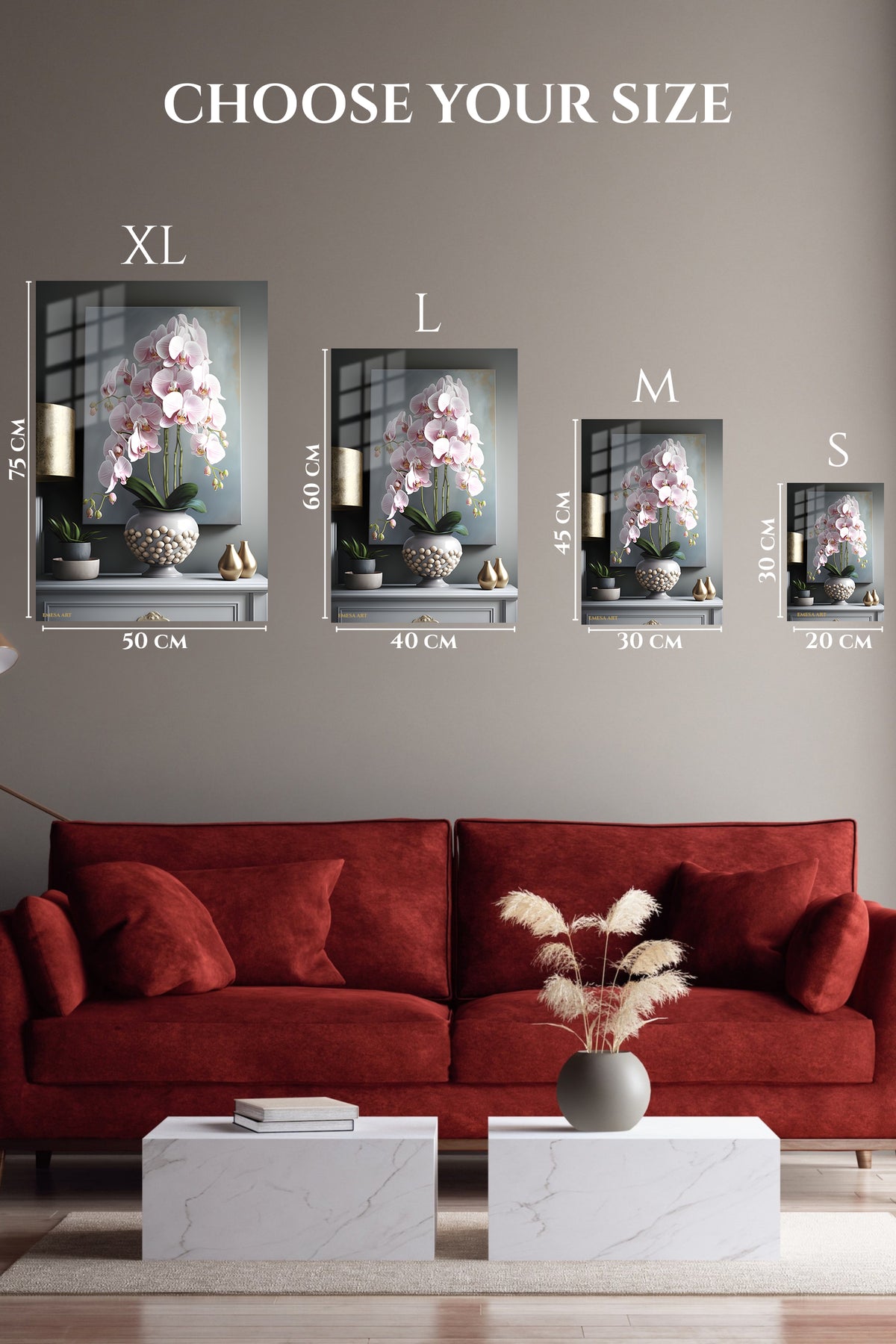 EMESA metal wall art size comparison guide for Blush Orchid Cascade