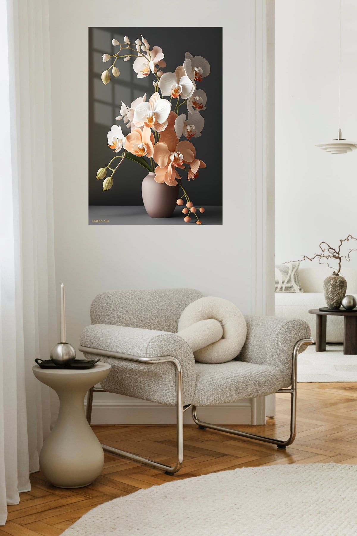 Blush Orchid Arrangement metal wall art displayed in a contemporary living space