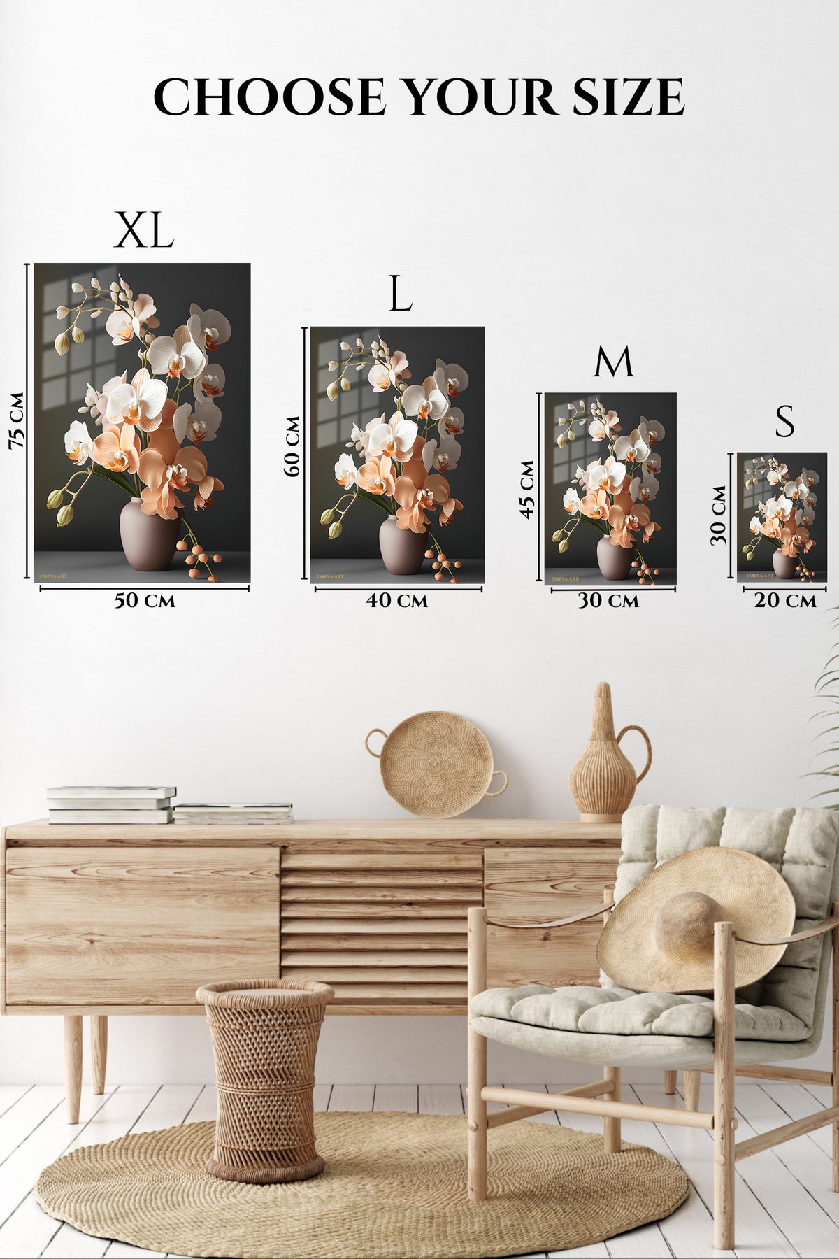 EMESA metal wall art size comparison guide for Blush Orchid Arrangement