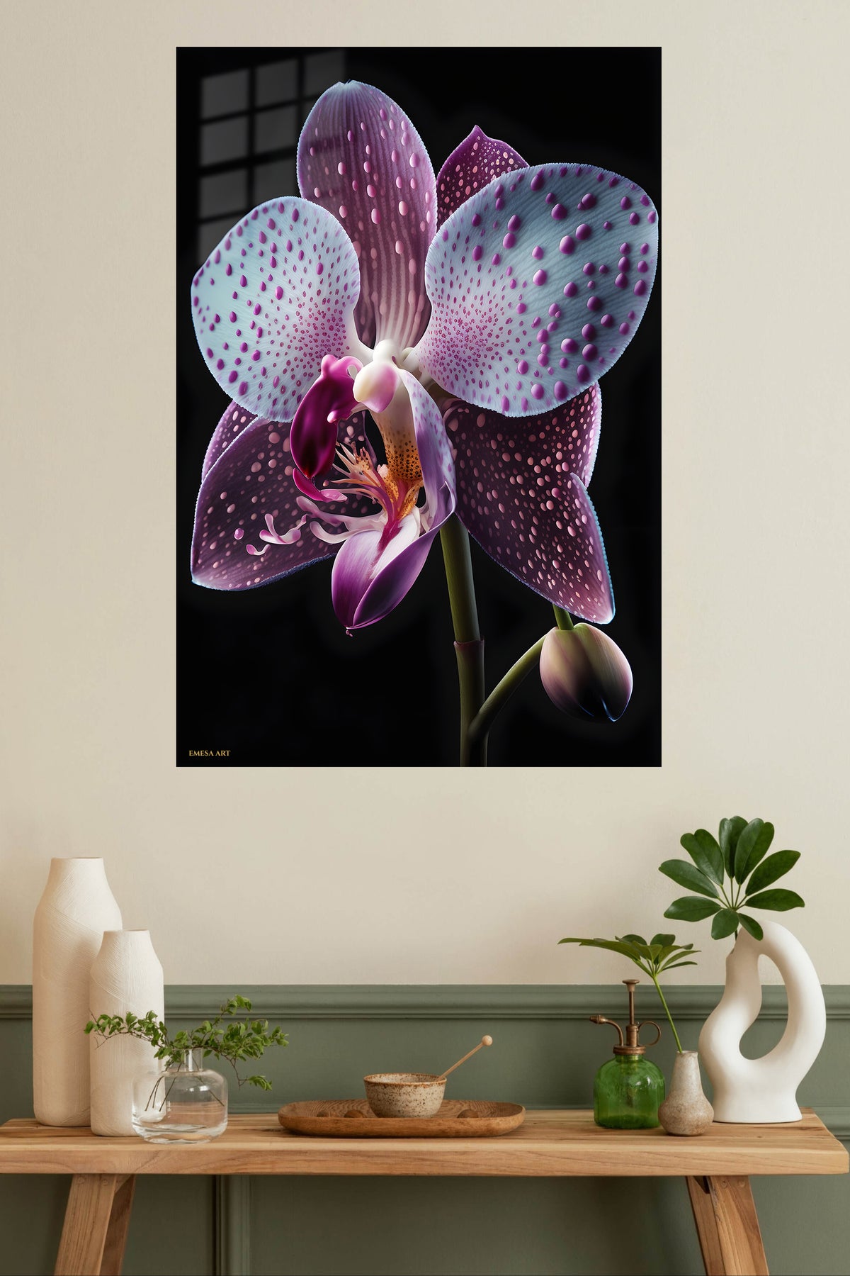Velvet Orchid Bloom metal wall art displayed in a modern interior