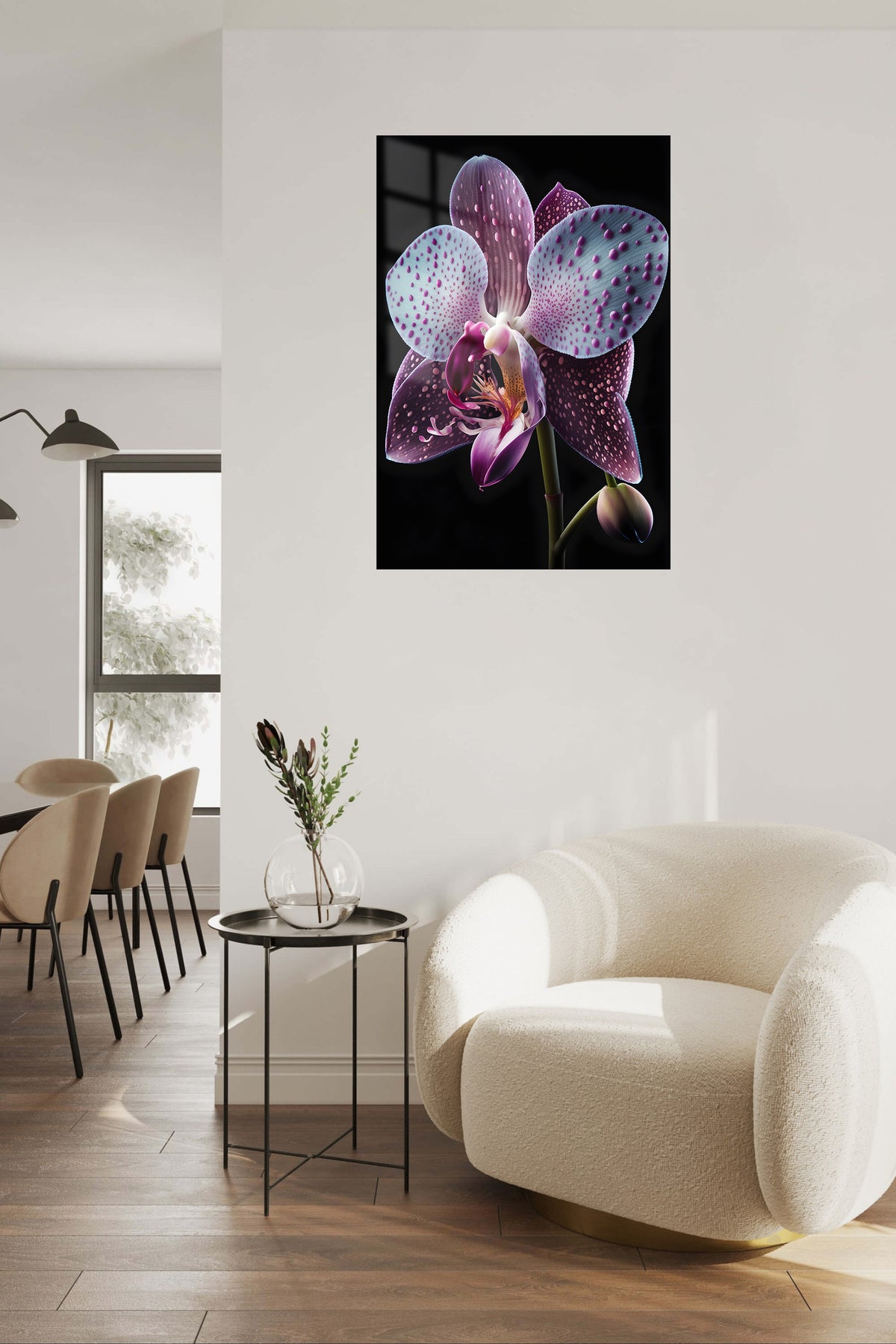Velvet Orchid Bloom metal wall art displayed in a contemporary living space