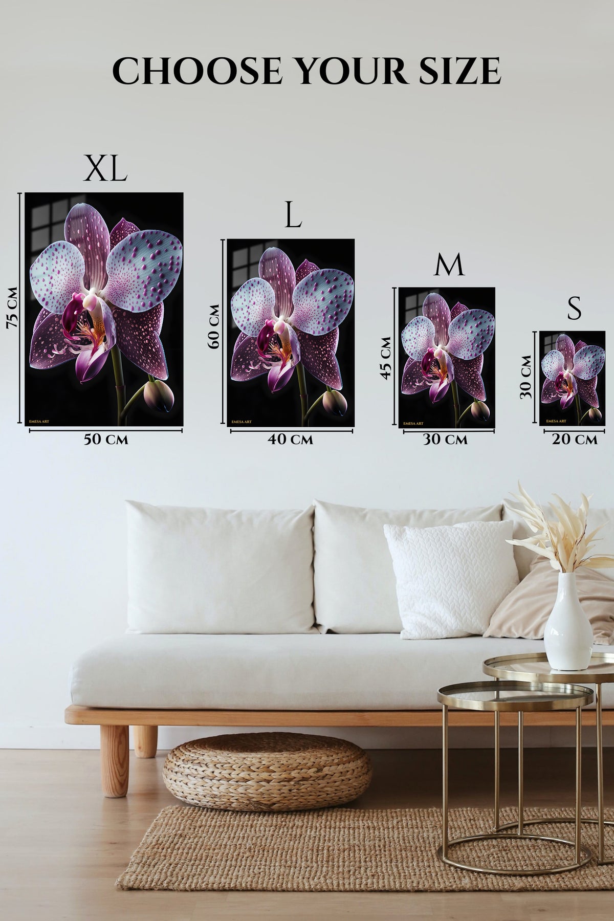 EMESA metal wall art size comparison guide for Velvet Orchid Bloom
