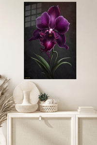 Velvet Purple Orchid metal wall art displayed in a modern interior