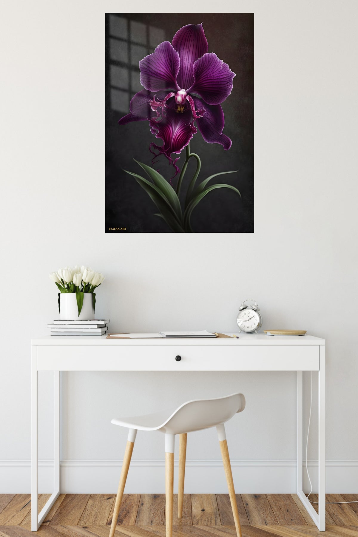 Velvet Purple Orchid metal wall art displayed in a contemporary living space