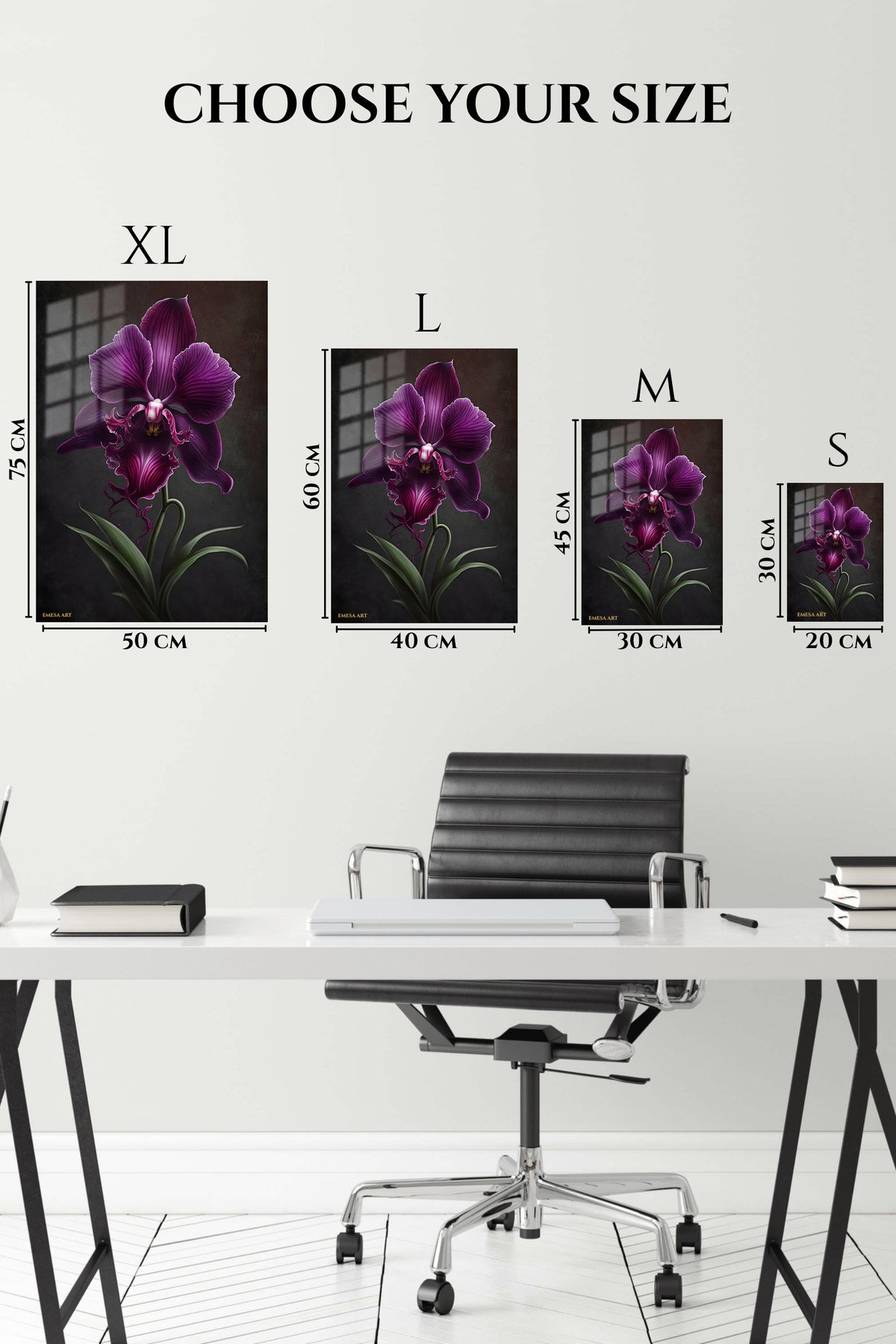 EMESA metal wall art size comparison guide for Velvet Purple Orchid