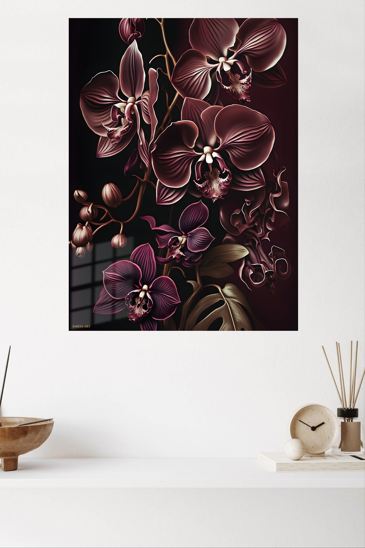 Midnight Orchid Reverie metal wall art displayed in a modern interior
