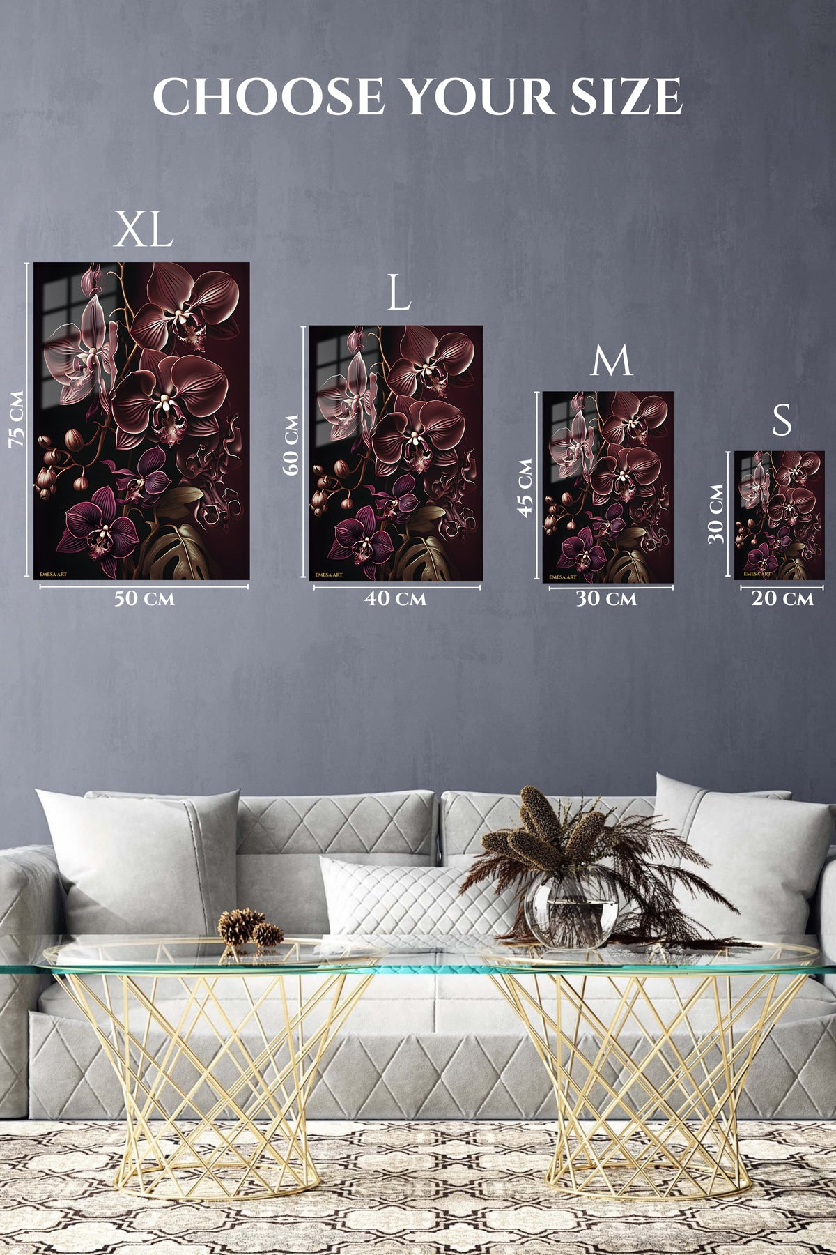 EMESA metal wall art size comparison guide for Midnight Orchid Reverie