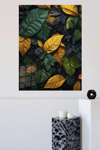 Golden Rainforest Leaves metal wall art displayed in a modern interior
