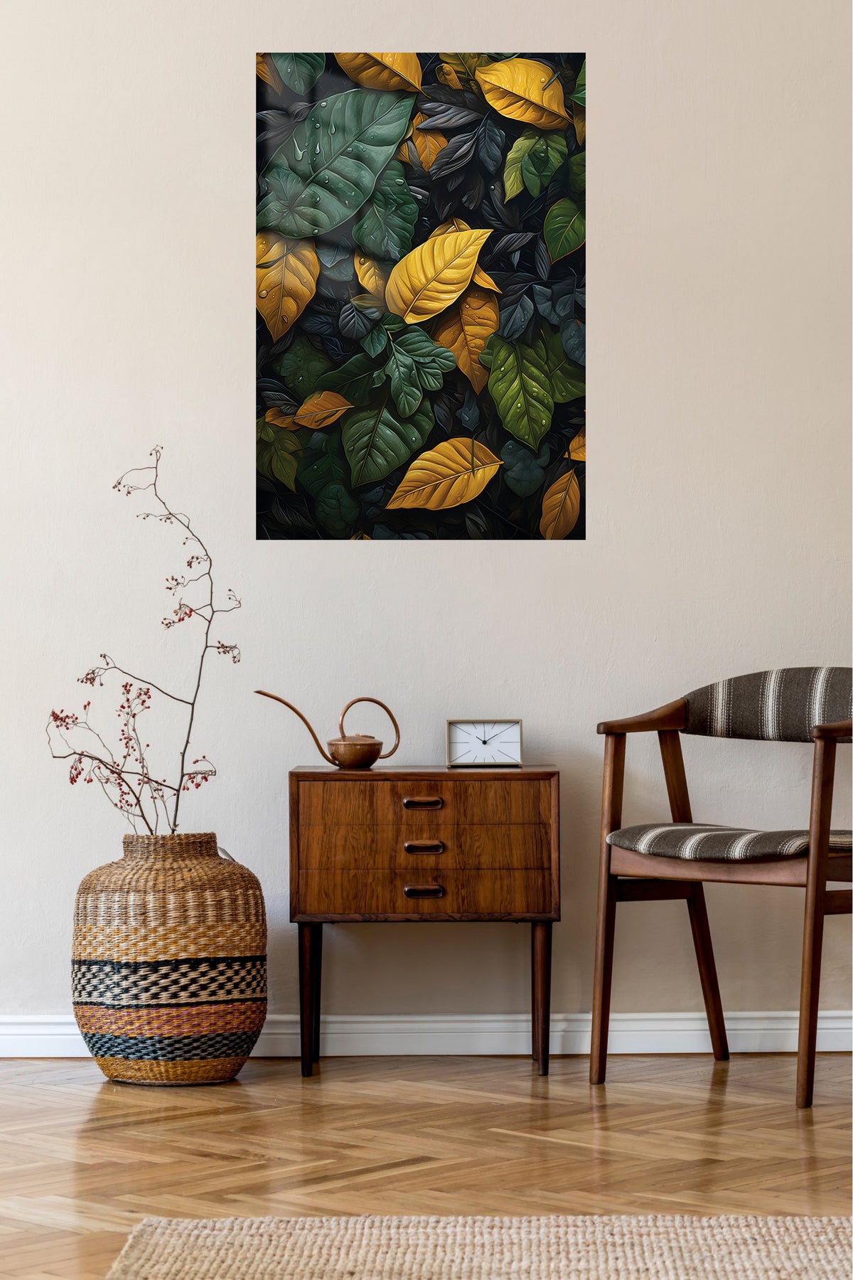 Golden Rainforest Leaves metal wall art displayed in a contemporary living space