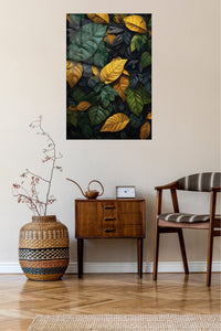 Golden Rainforest Leaves metal wall art displayed in a contemporary living space