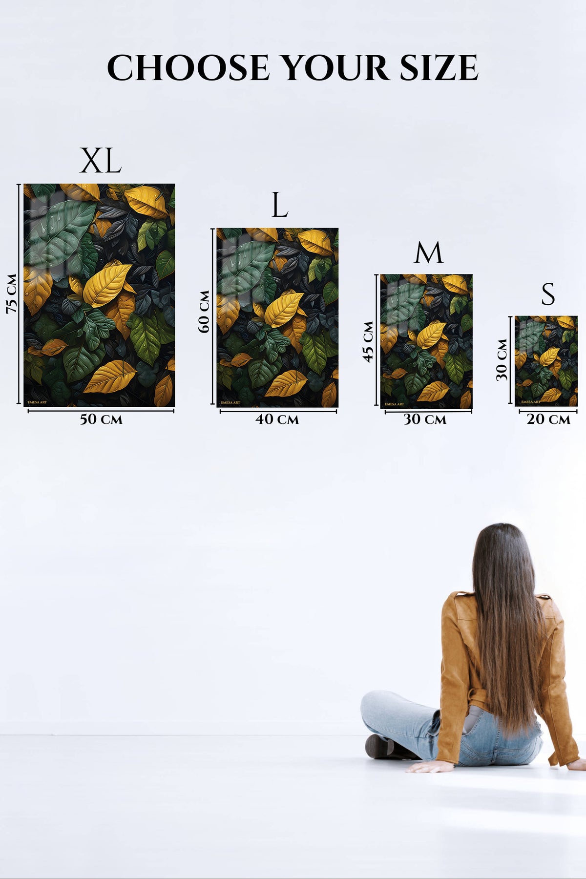 EMESA metal wall art size comparison guide for Golden Rainforest Leaves