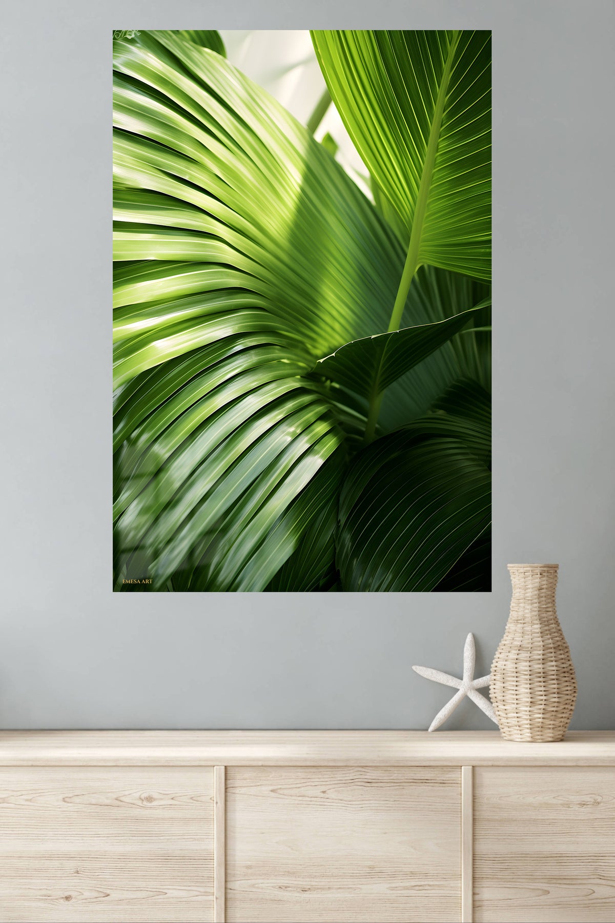 Sunlit Tropical Palm Leaves metal wall art displayed in a modern interior