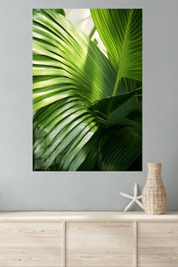 Sunlit Tropical Palm Leaves metal wall art displayed in a modern interior