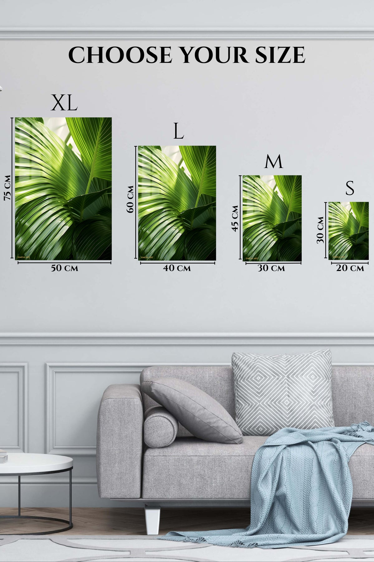 EMESA metal wall art size comparison guide for Sunlit Tropical Palm Leaves