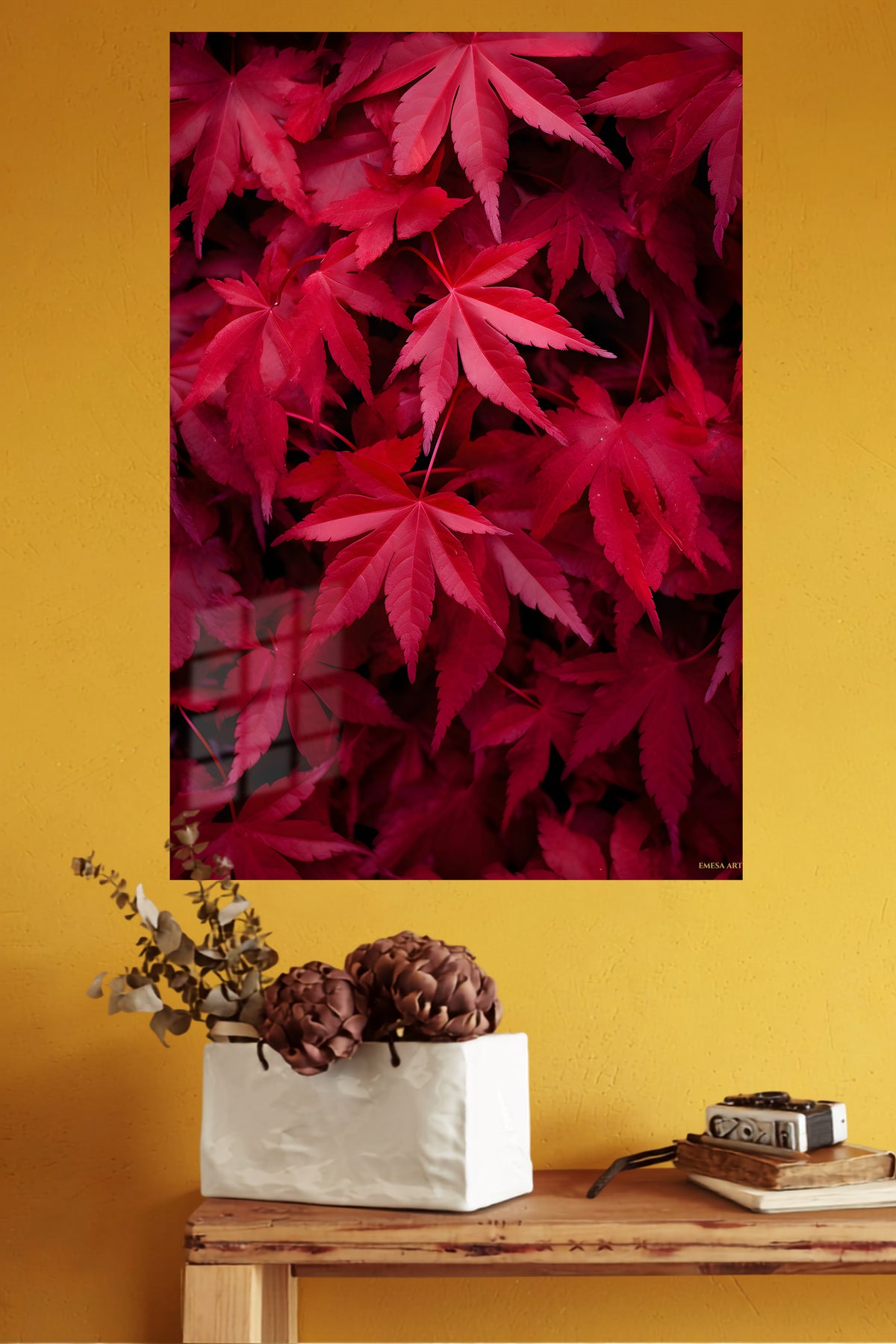 Crimson Leaf Canopy metal wall art displayed in a modern interior
