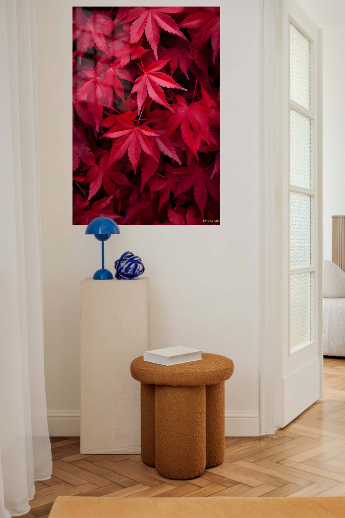 Crimson Leaf Canopy metal wall art displayed in a contemporary living space