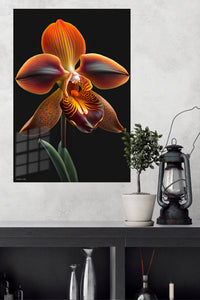 Amber Orchid on Black metal wall art displayed in a modern interior