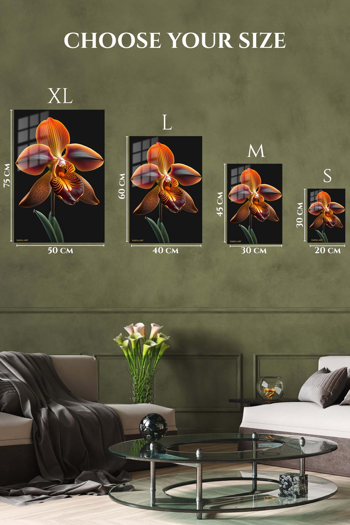 EMESA metal wall art size comparison guide for Amber Orchid on Black