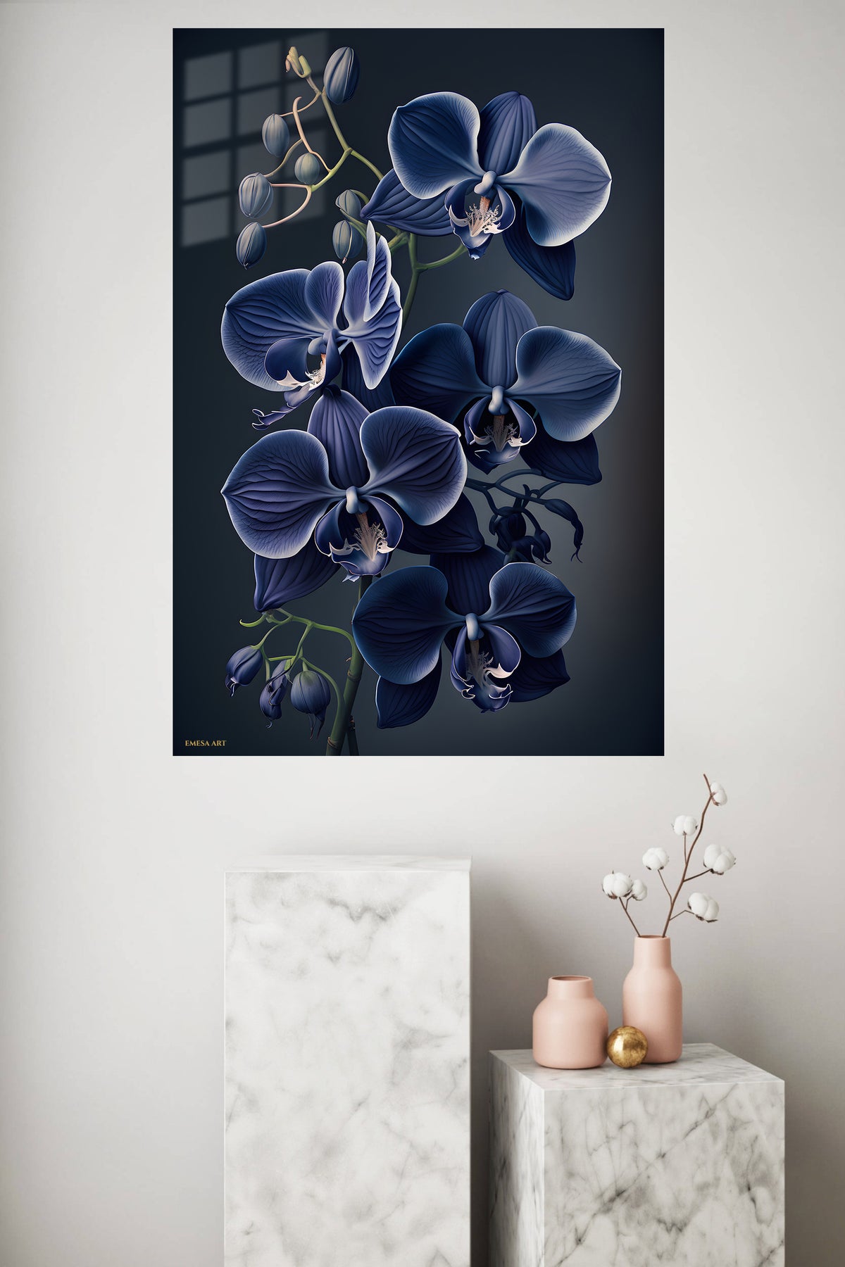 Midnight Blue Orchid Cascade metal wall art displayed in a modern interior