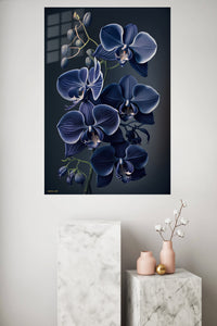 Midnight Blue Orchid Cascade metal wall art displayed in a modern interior