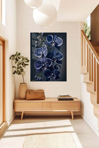 Midnight Blue Orchid Cascade metal wall art displayed in a contemporary living space
