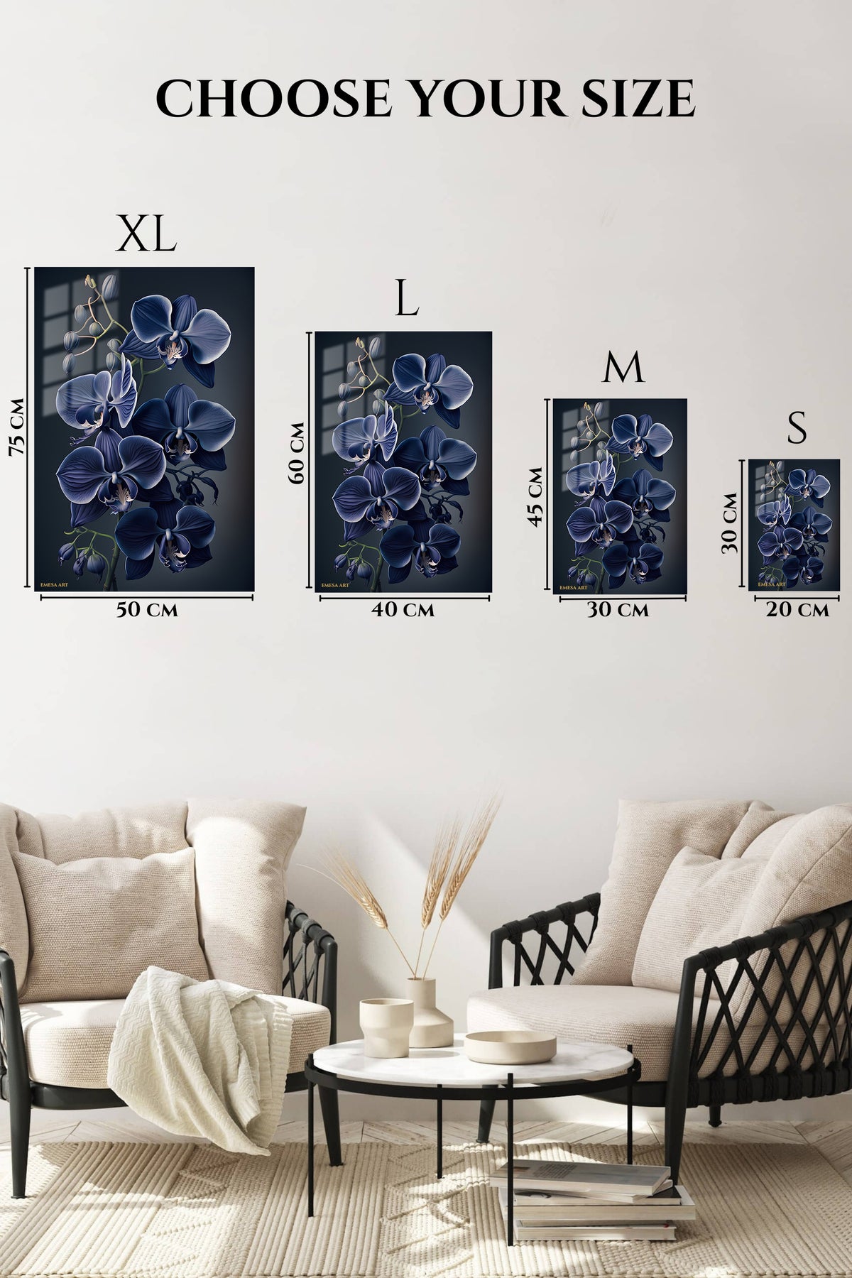 EMESA metal wall art size comparison guide for Midnight Blue Orchid Cascade