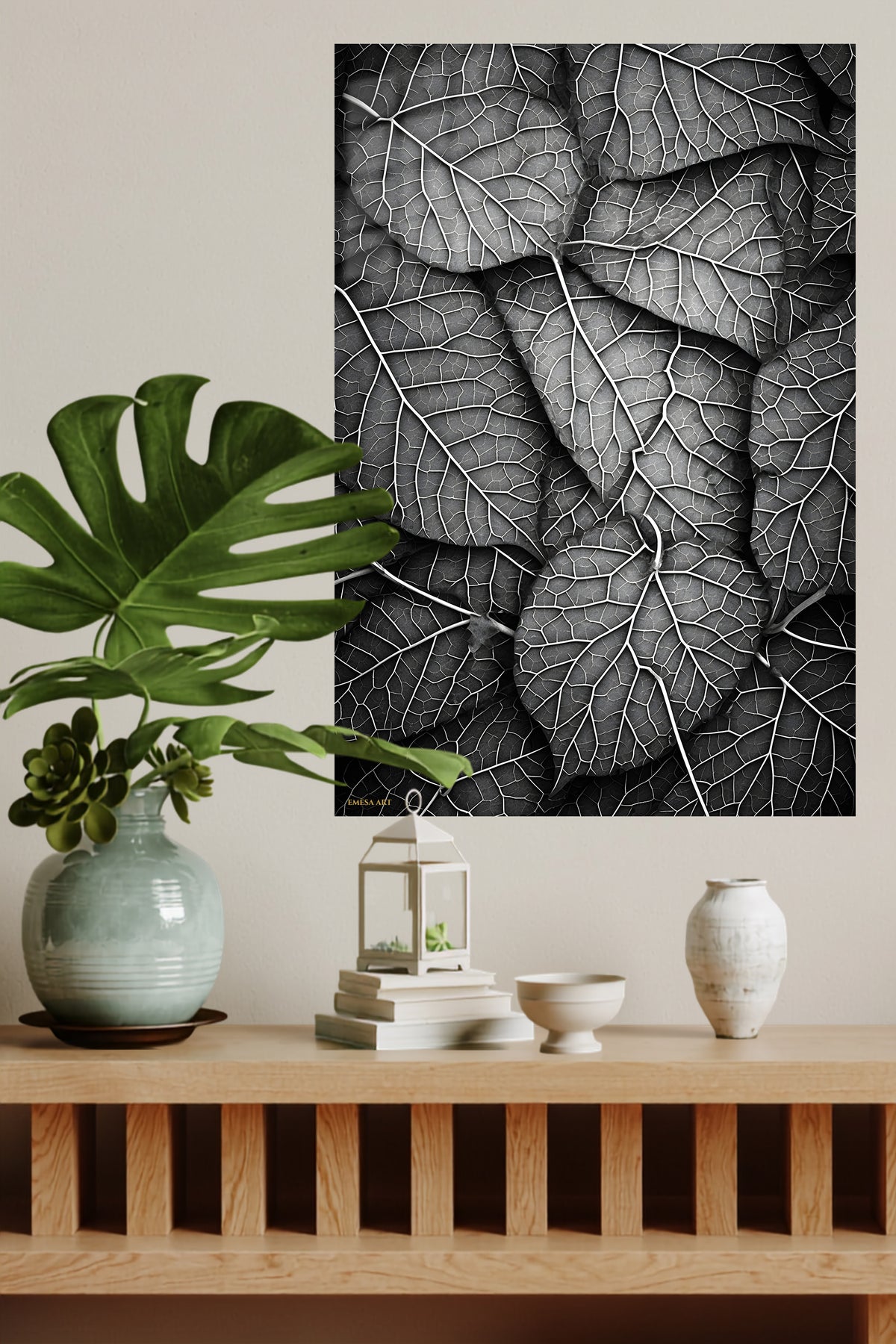 Monochrome Leaf Veins metal wall art displayed in a modern interior