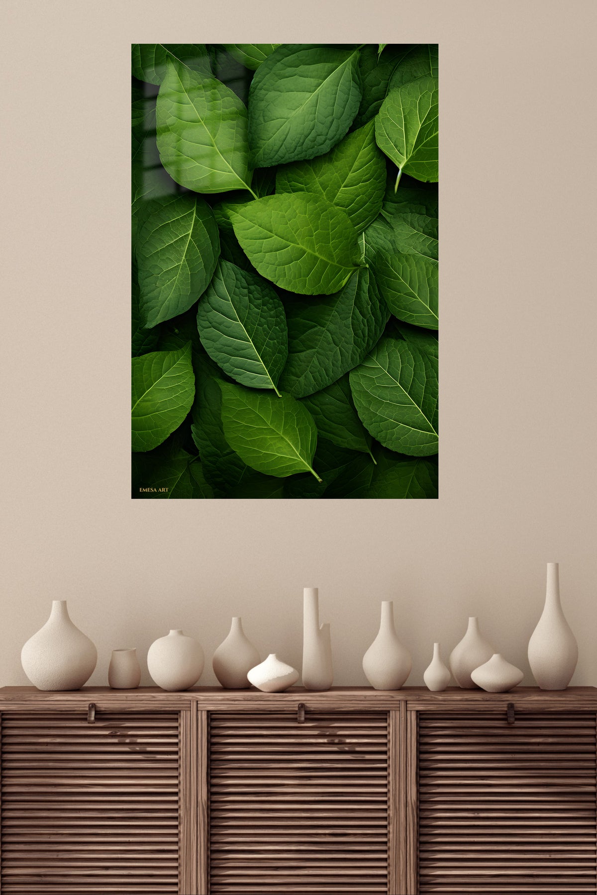 Layered Green Leaves metal wall art displayed in a modern interior