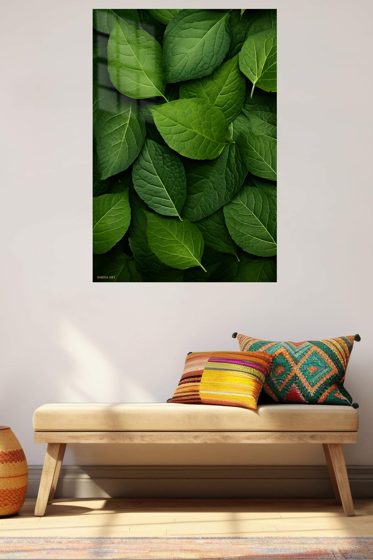 Layered Green Leaves metal wall art displayed in a contemporary living space