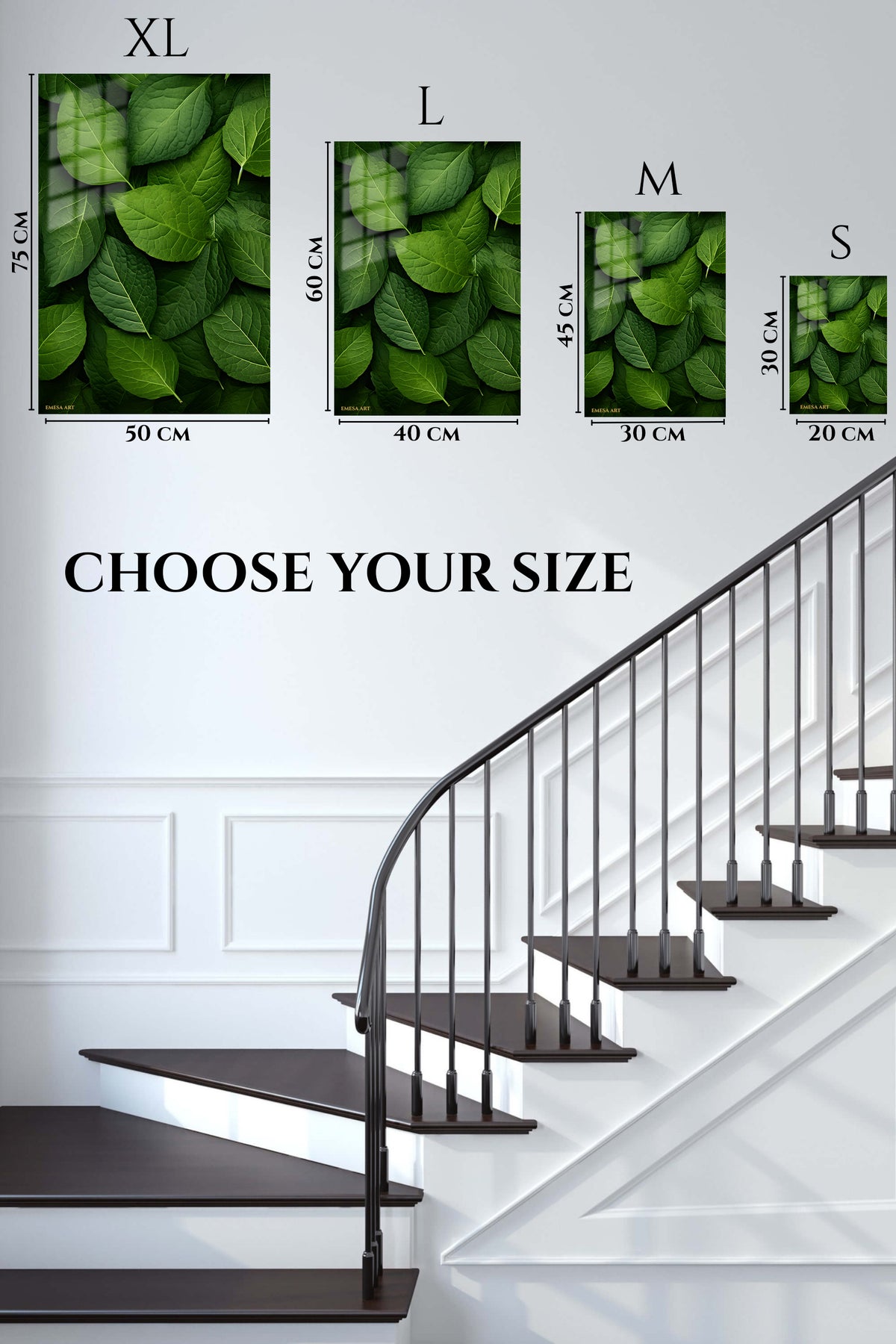 EMESA metal wall art size comparison guide for Layered Green Leaves