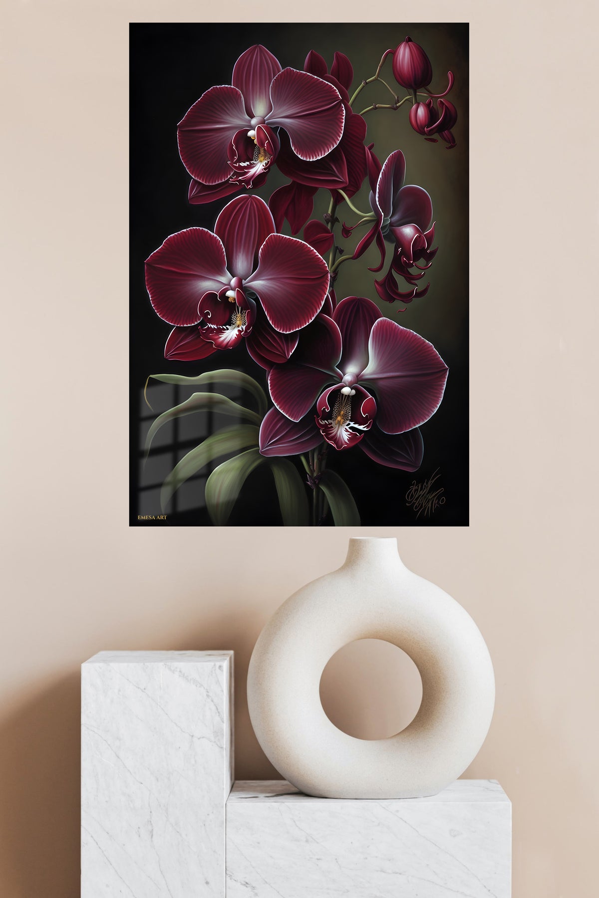 Burgundy Orchid Elegance metal wall art displayed in a modern interior