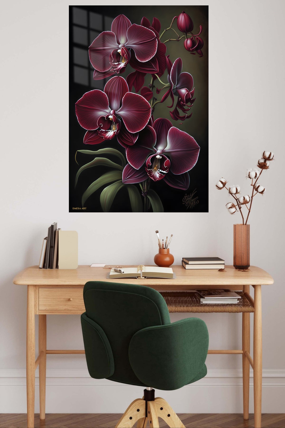 Burgundy Orchid Elegance metal wall art displayed in a contemporary living space