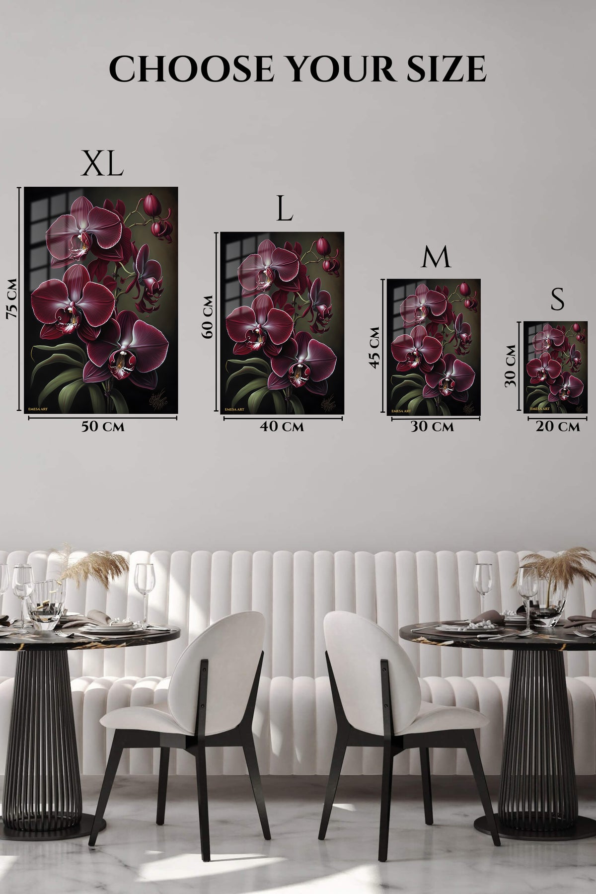EMESA metal wall art size comparison guide for Burgundy Orchid Elegance