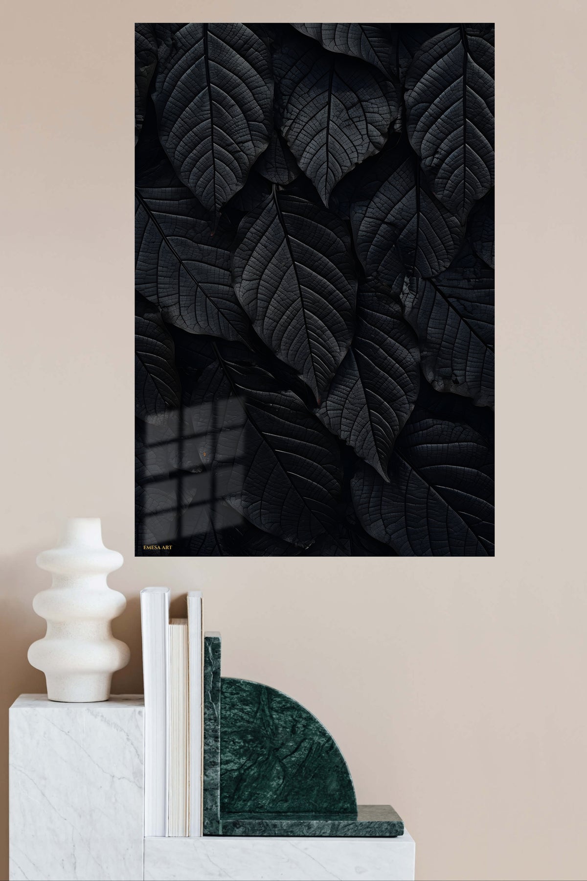 Midnight Leaf Canopy metal wall art displayed in a modern interior