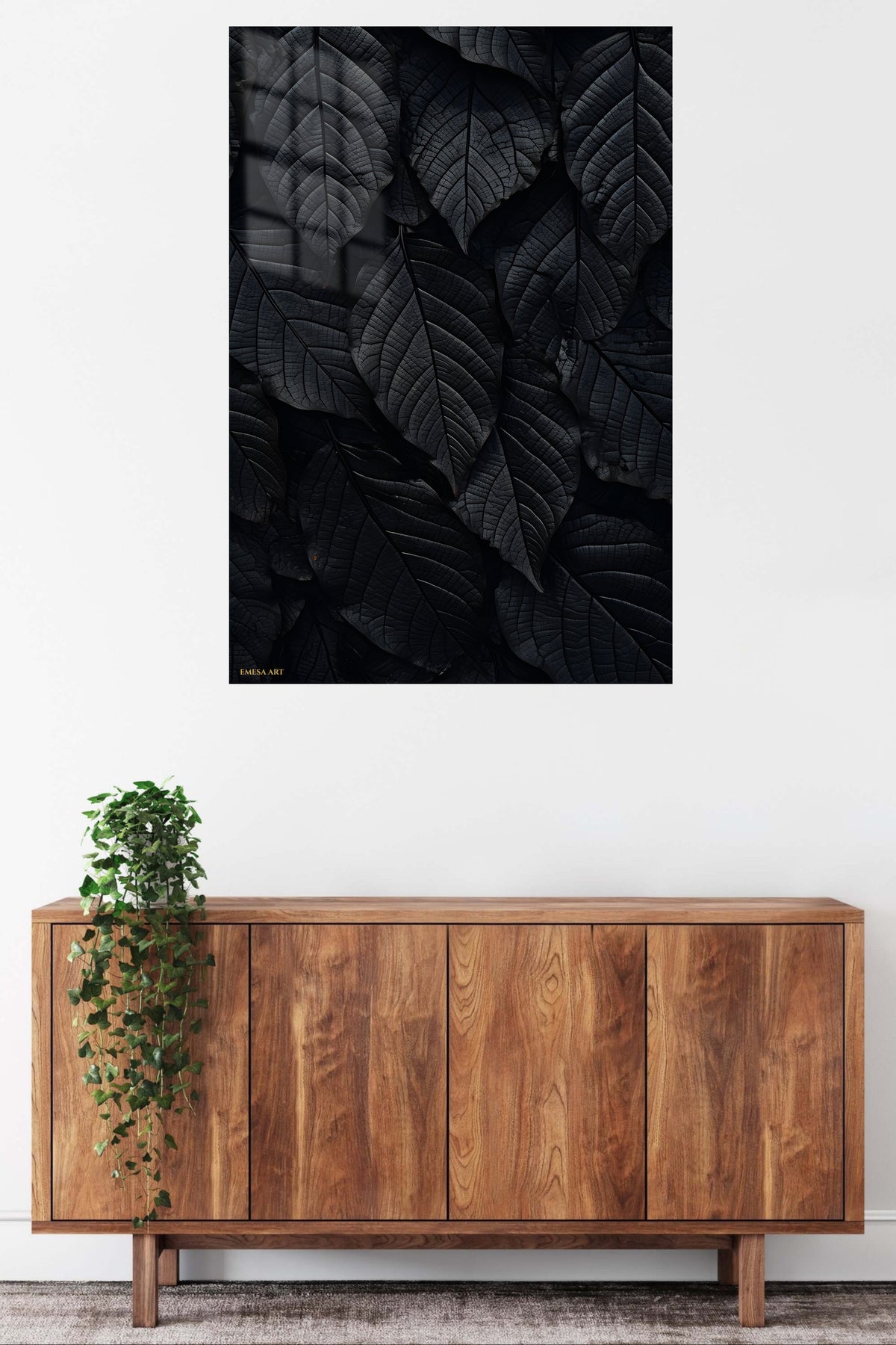 Midnight Leaf Canopy metal wall art displayed in a contemporary living space