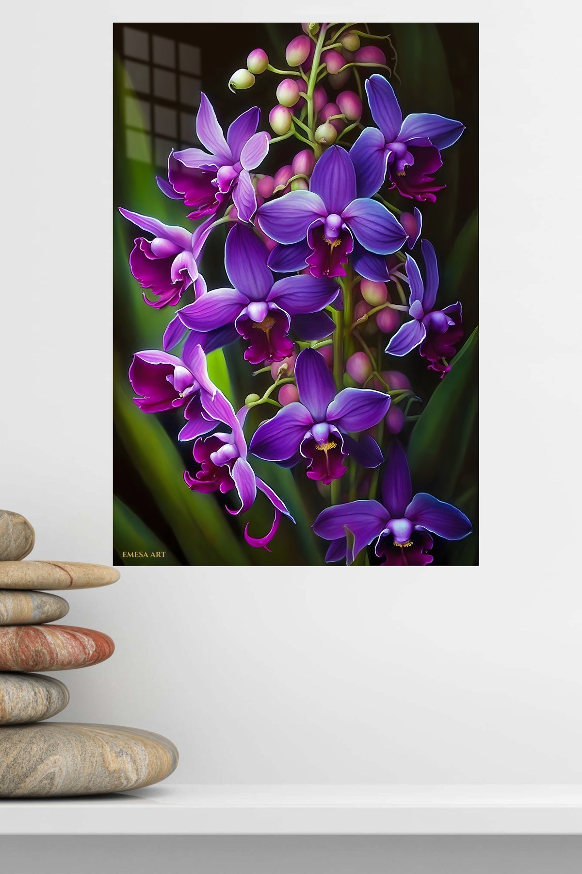 Velvet Violet Orchid Cascade metal wall art displayed in a modern interior