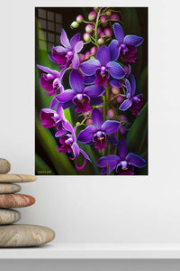 Velvet Violet Orchid Cascade metal wall art displayed in a modern interior