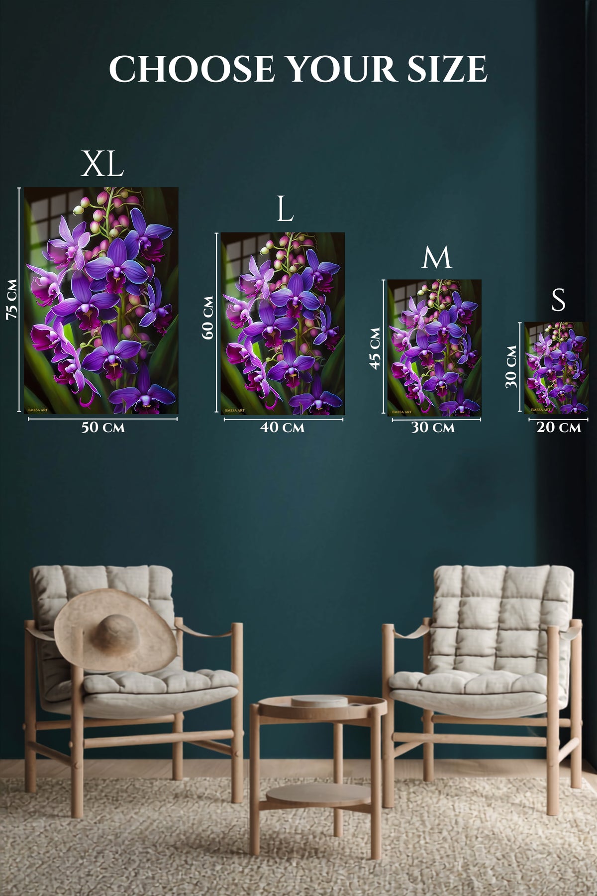 EMESA metal wall art size comparison guide for Velvet Violet Orchid Cascade
