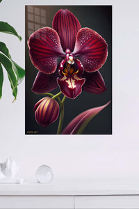 Velvet Burgundy Orchid metal wall art displayed in a modern interior