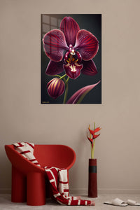 Velvet Burgundy Orchid metal wall art displayed in a contemporary living space