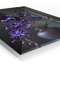 Midnight Violet Orchids premium metal wall art – angled view