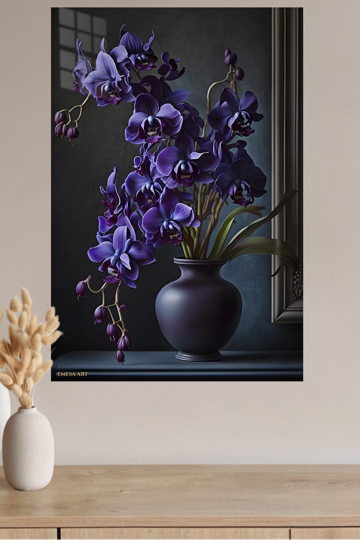 Midnight Violet Orchids metal wall art displayed in a modern interior