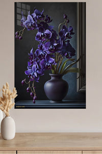 Midnight Violet Orchids metal wall art displayed in a modern interior