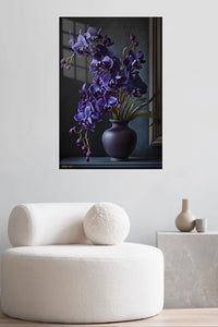 Midnight Violet Orchids metal wall art displayed in a contemporary living space