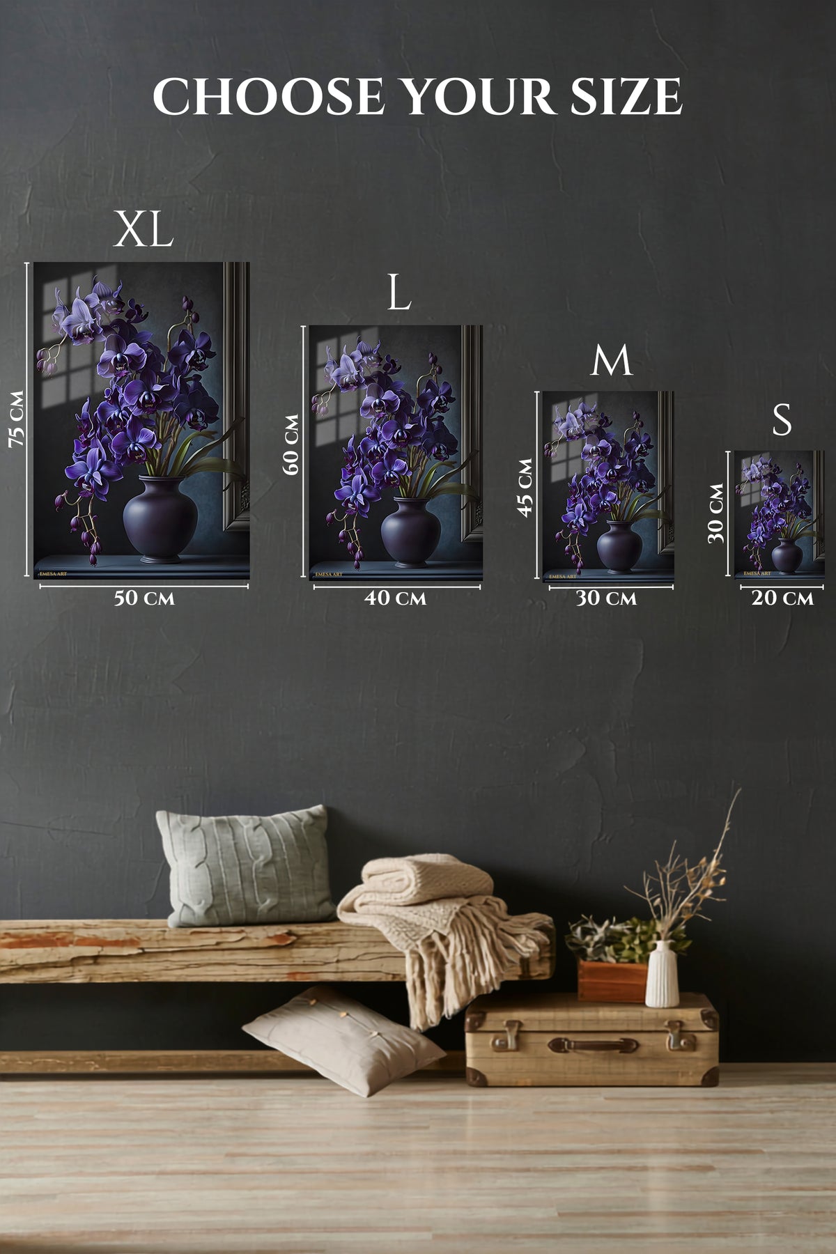 EMESA metal wall art size comparison guide for Midnight Violet Orchids