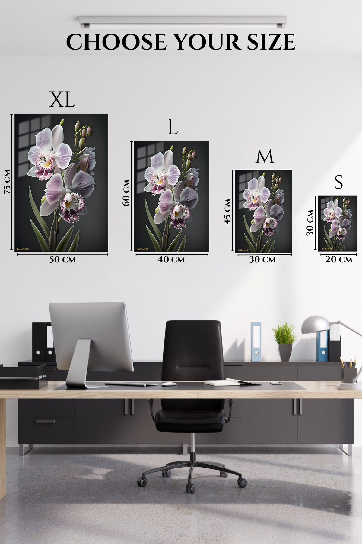EMESA metal wall art size comparison guide for Lavender Orchid Elegance