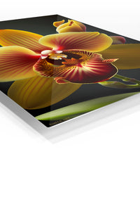 Golden Orchid Bloom premium metal wall art – angled view