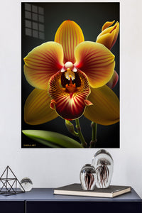 Golden Orchid Bloom metal wall art displayed in a modern interior