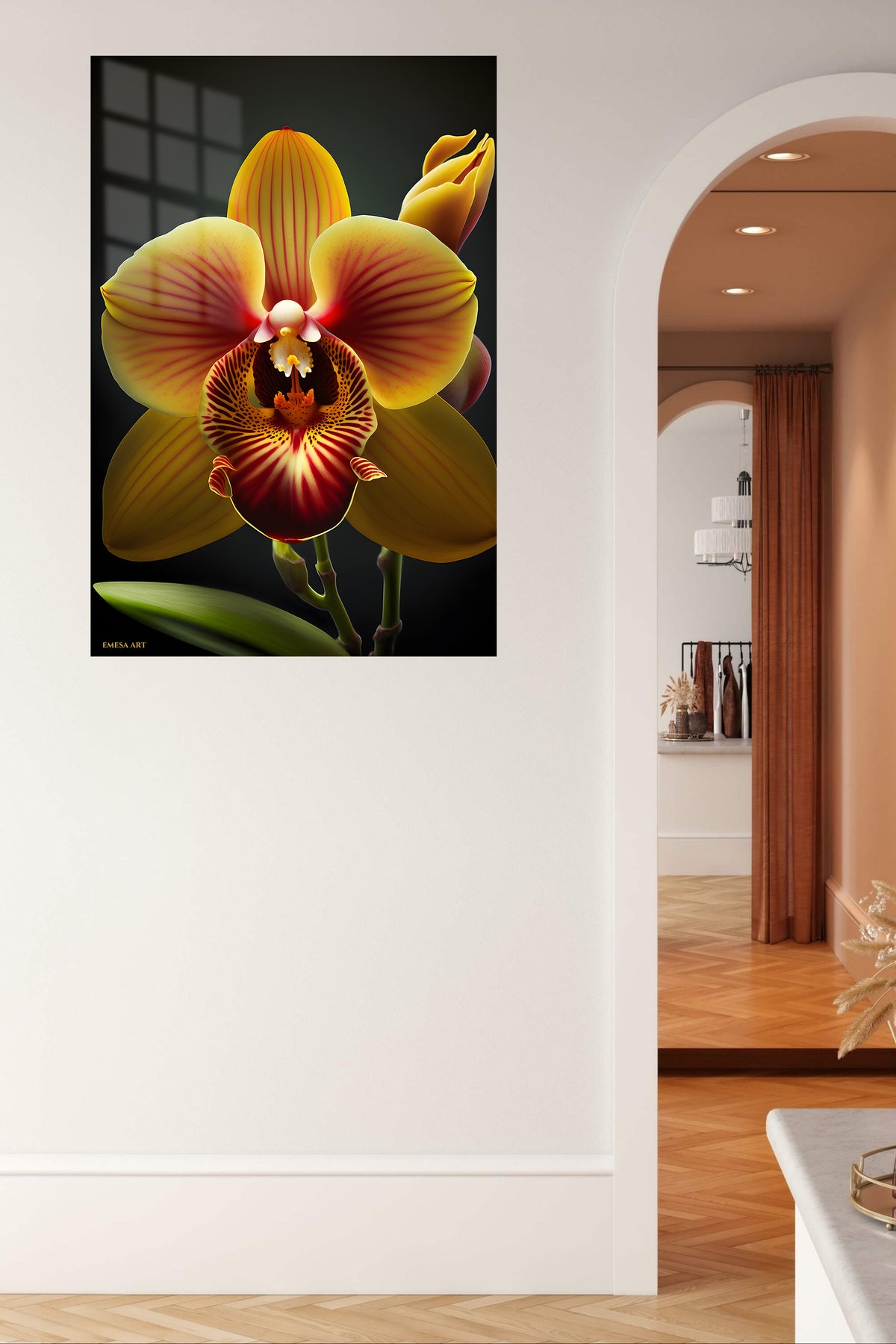 Golden Orchid Bloom metal wall art displayed in a contemporary living space